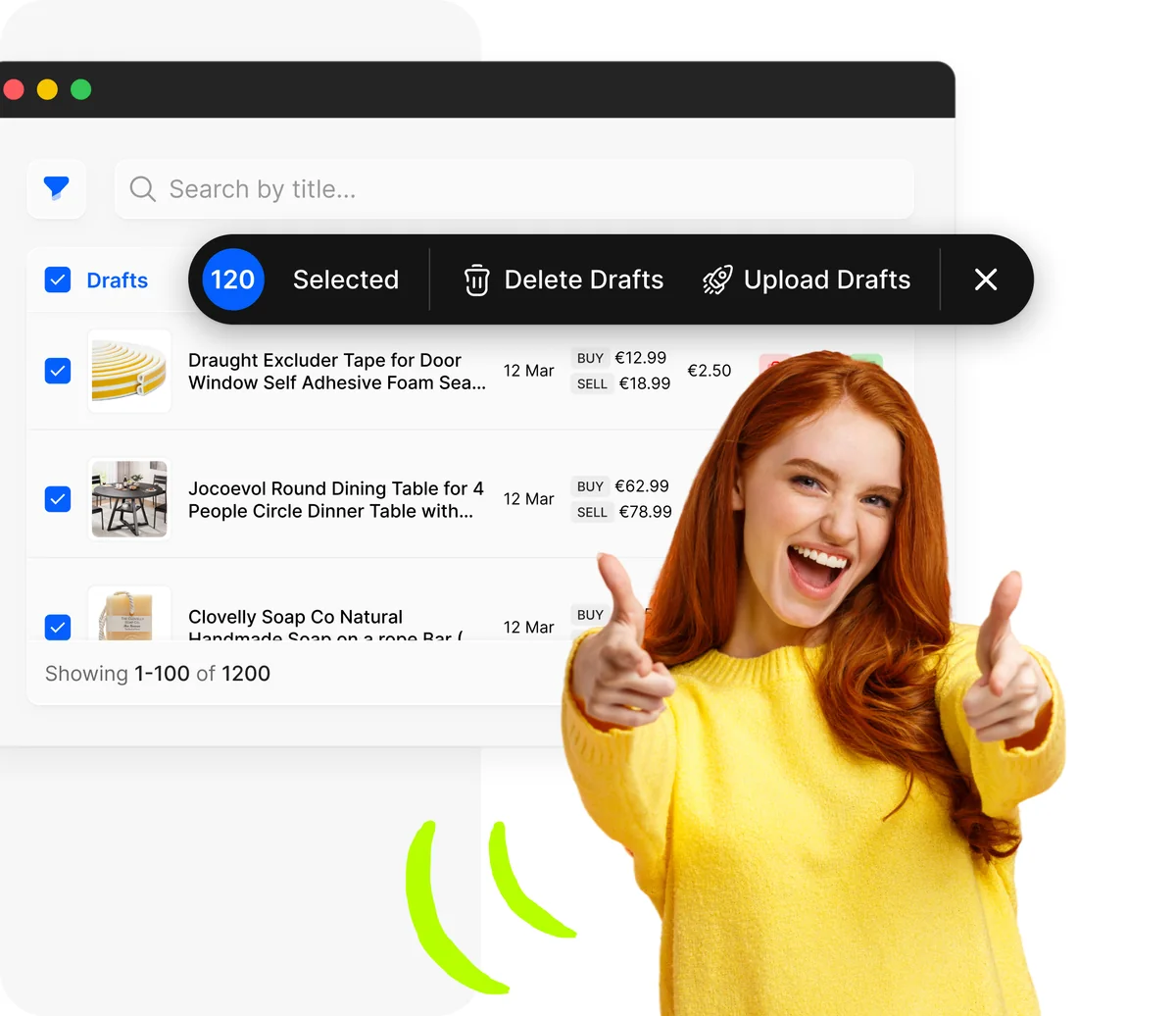 Droopify drafts list with selected products, bulk action bar with Delete and Upload Drafts buttons, and excited girl