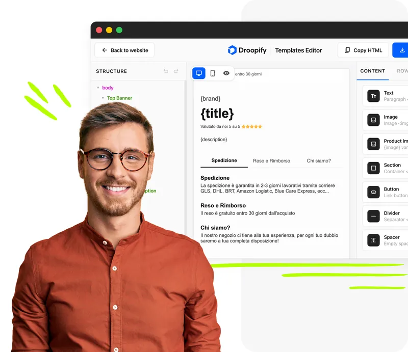 Editor template descrizioni Droopify con struttura ad albero, anteprima inserzione e pannello componenti per personalizzare le inserzioni eBay