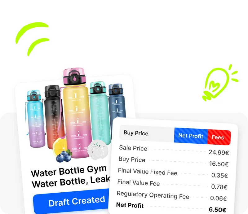 Card bozza prodotto con dettaglio calcolo profitto netto in Droopify: prezzo acquisto, prezzo vendita, commissioni eBay e profitto netto finale