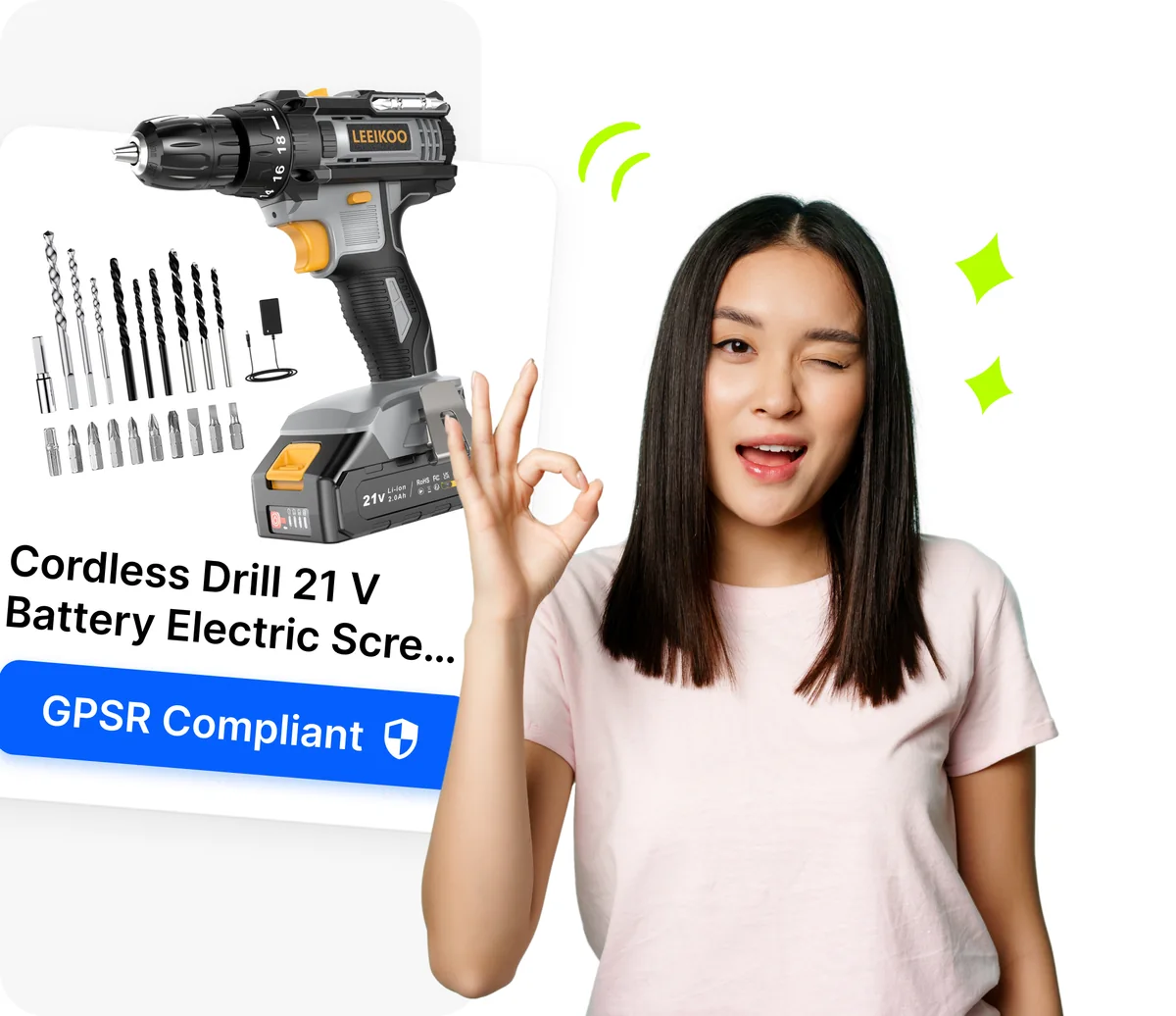 Satisfied girl with OK gesture next to a product card with GPSR Compliant badge verified in Droopify