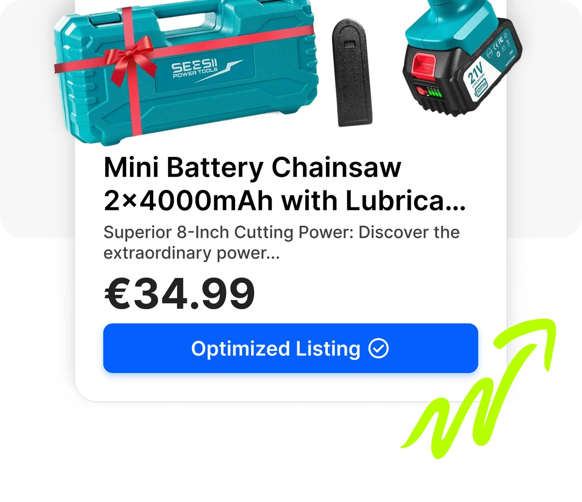 Optimized eBay listing card from Droopify with price and confirmed Listing Optimized badge