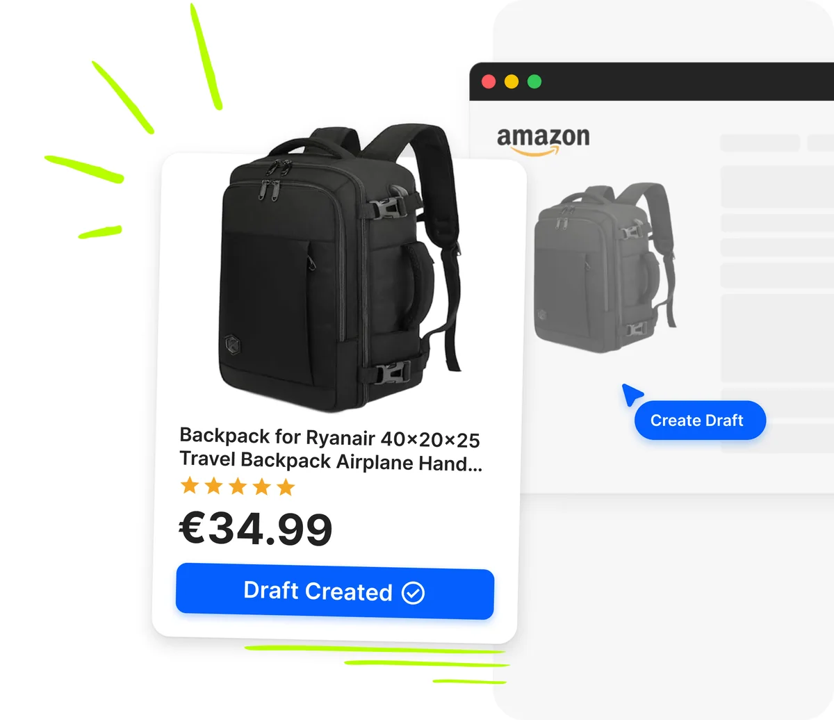 Product card with price and Draft Created badge imported from Amazon into Droopify with Create Draft button
