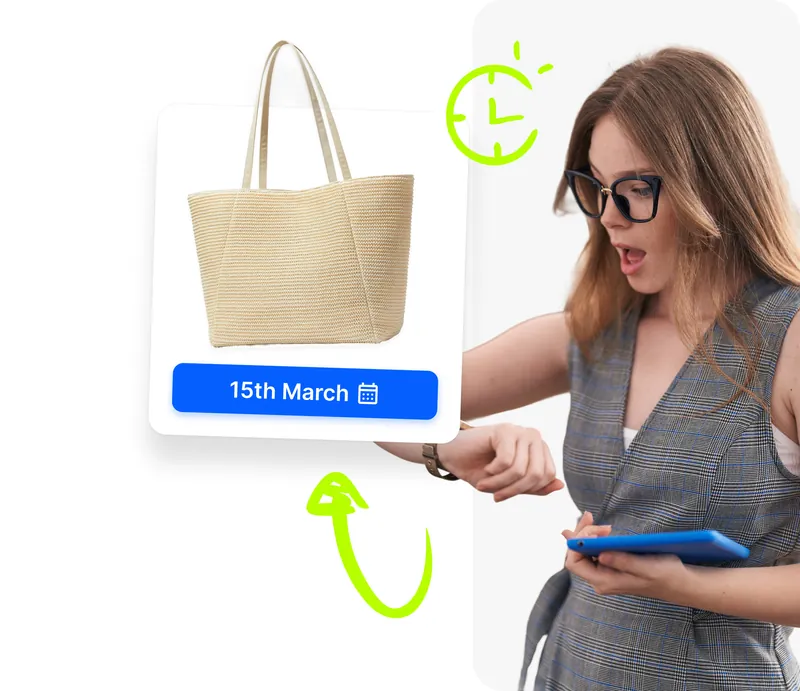 Ragazza che controlla l'orologio mentre Droopify programma la pubblicazione di un prodotto su eBay con caricamento automatico