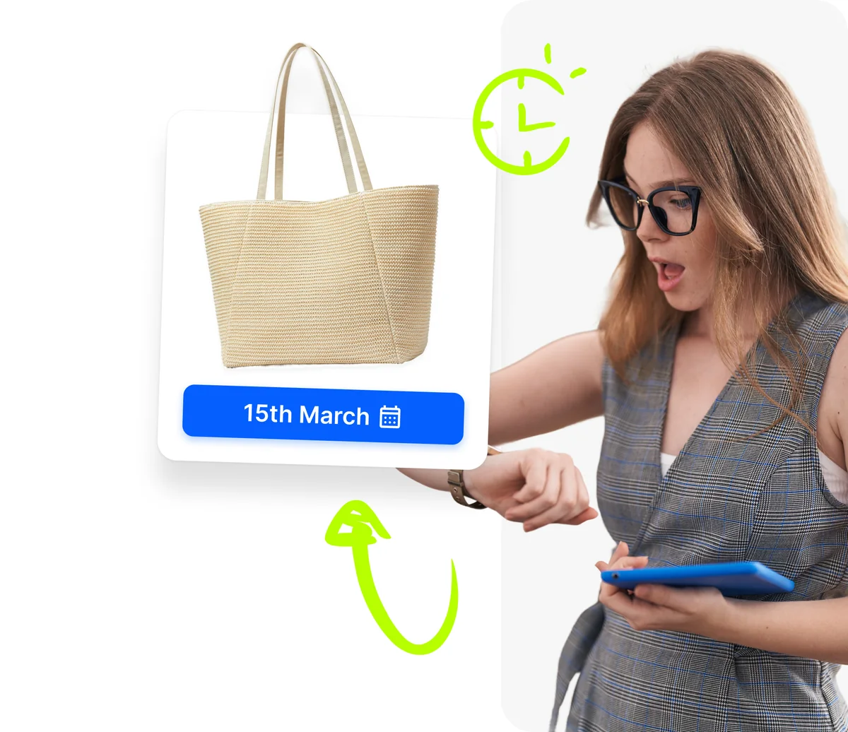 Girl checking her watch while Droopify schedules a product publication on eBay with automatic upload