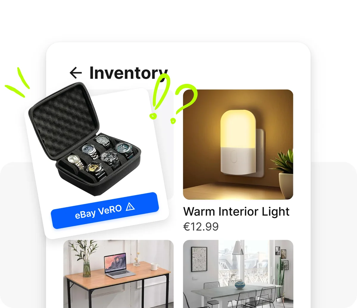 Droopify inventory screen with eBay VeRO warning badge on a risky product and active listing