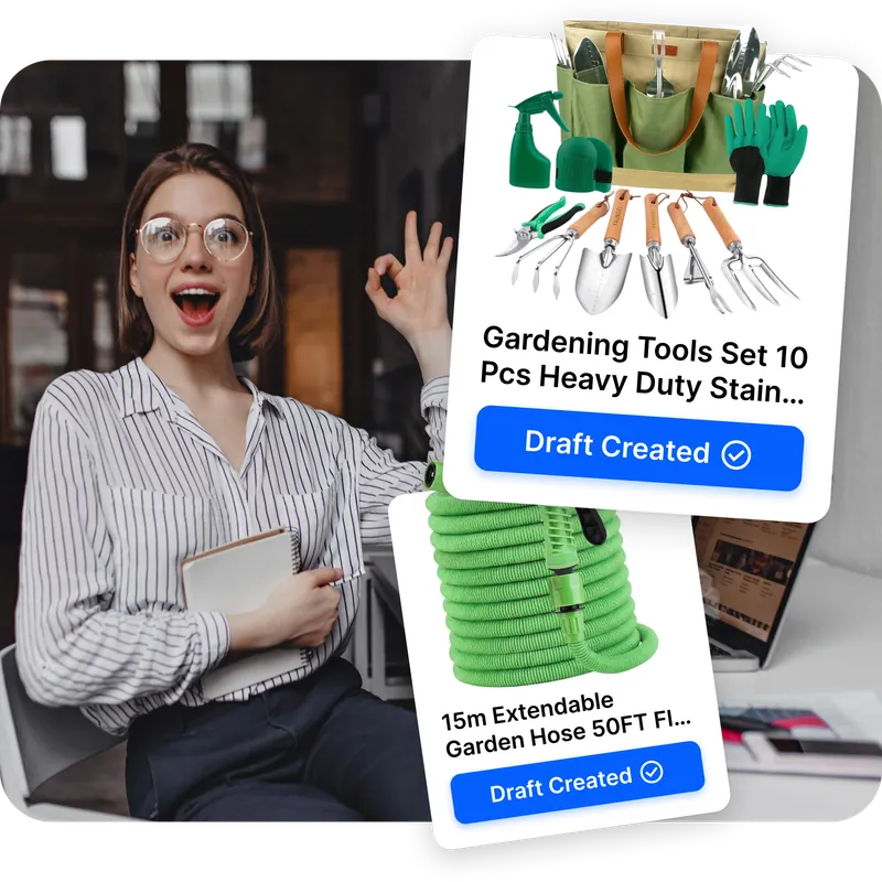 Ragazza entusiasta con due card prodotto importate in Droopify con badge Bozza Creata