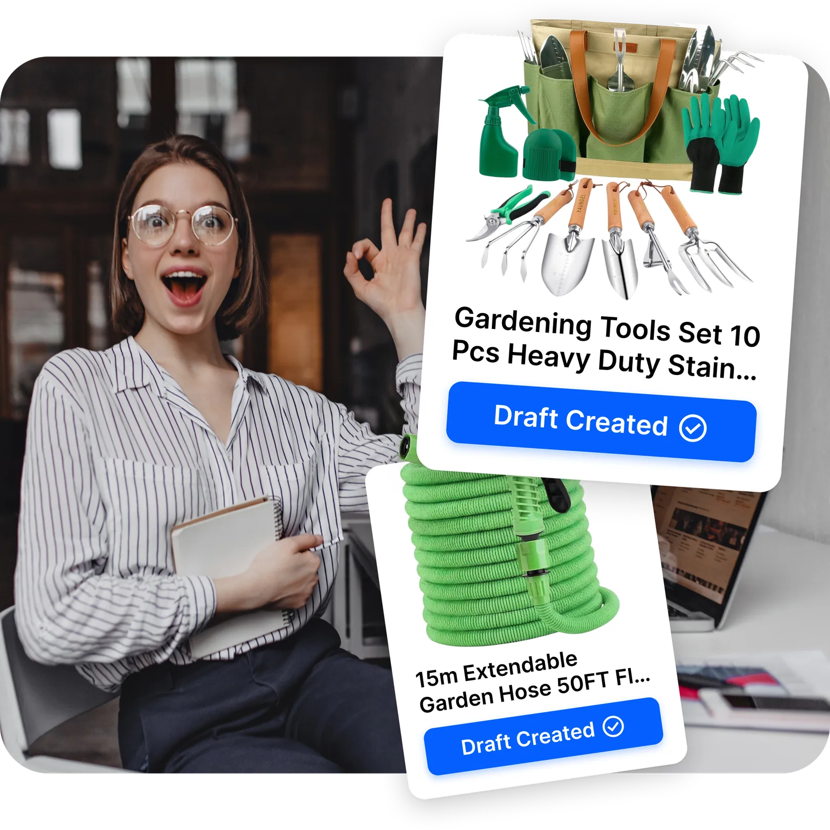 Excited girl with two imported product cards in Droopify with Draft Created badge
