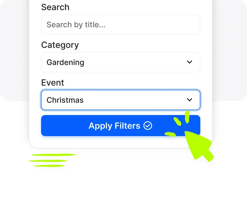 Pannello filtri avanzati Droopify con campi Cerca, Categoria Giardinaggio, Evento Natale e pulsante Applica Filtri