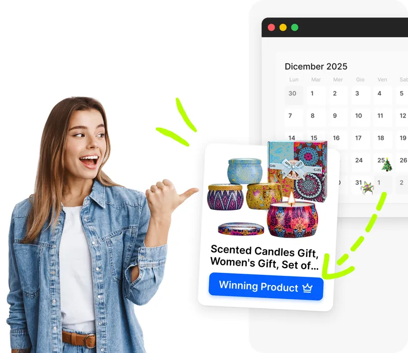 Ragazza sorridente che indica il calendario eventi Droopify di Dicembre con icona Natale e card prodotto con badge Winning Product