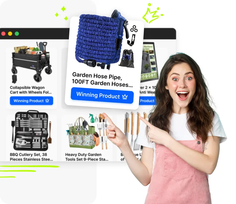 Ragazza entusiasta che indica la griglia prodotti vincenti Droopify con card prodotto in evidenza e badge Winning Product