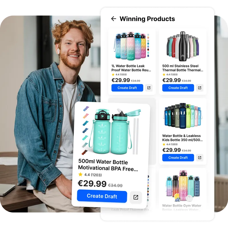 Ragazzo sorridente con griglia prodotti vincenti Droopify, card con prezzi, recensioni e pulsante Crea Bozza