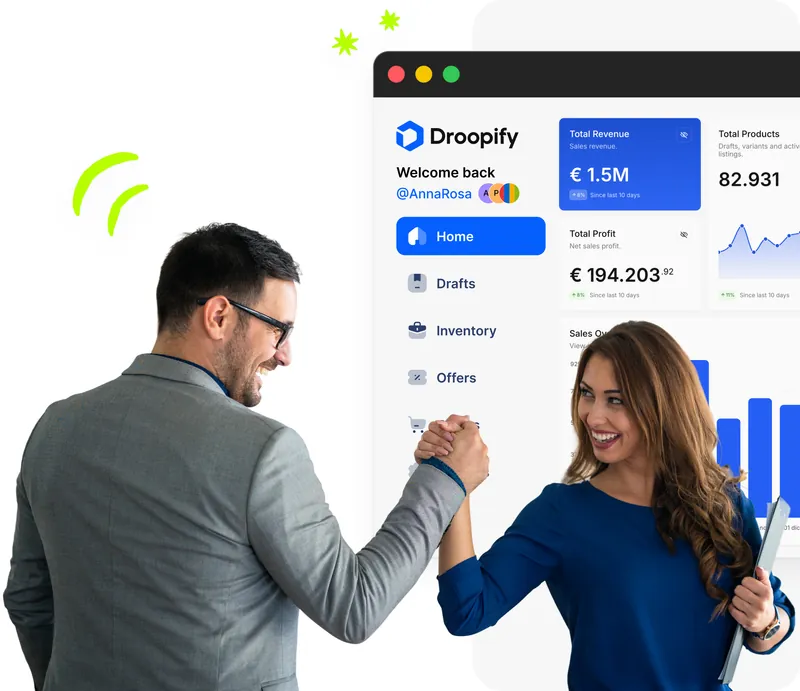 Coach e venditrice che si stringono la mano con dashboard Droopify sullo sfondo con fatturato, profitto e prodotti totali