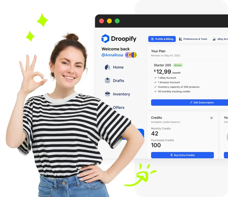 Venditrice sorridente con dashboard Droopify sezione Profile and Billing, piano Base attivo con dettagli abbonamento e sezione crediti