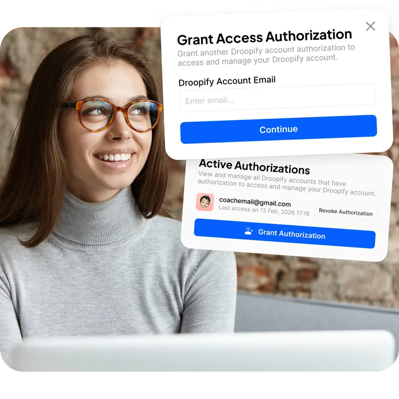 Venditrice sorridente con popup Grant Access Authorization e pannello autorizzazioni attive con pulsante Revoke Authorization