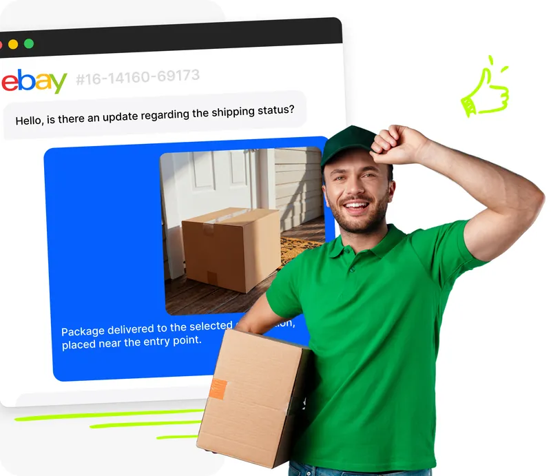 Corriere sorridente con pacco e chat eBay con domanda cliente sulla spedizione e risposta automatica con foto consegna del pacco