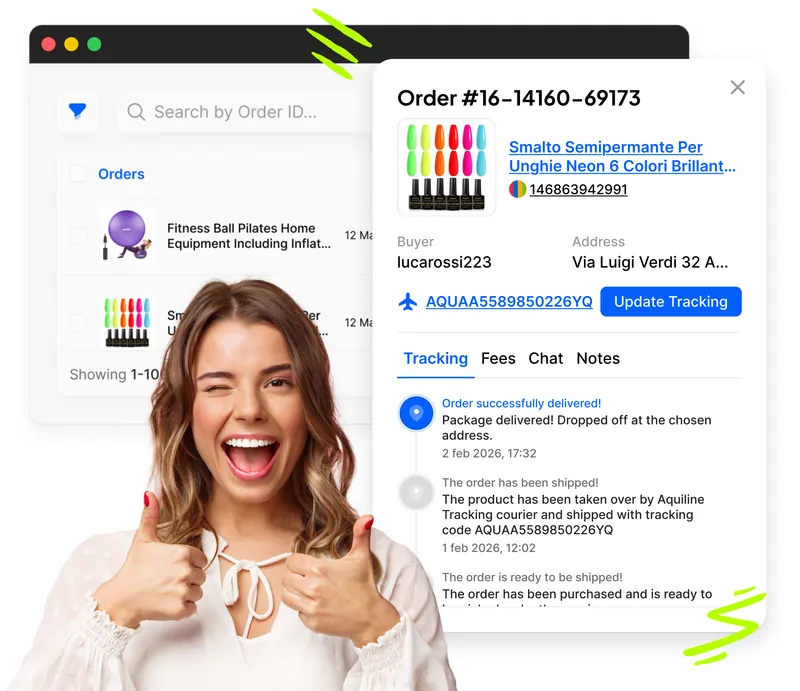 Ragazza entusiasta con dashboard ordini Droopify e dettaglio ordine con codice Aquiline Tracking, pulsante Update Tracking e storico tracciamento completo