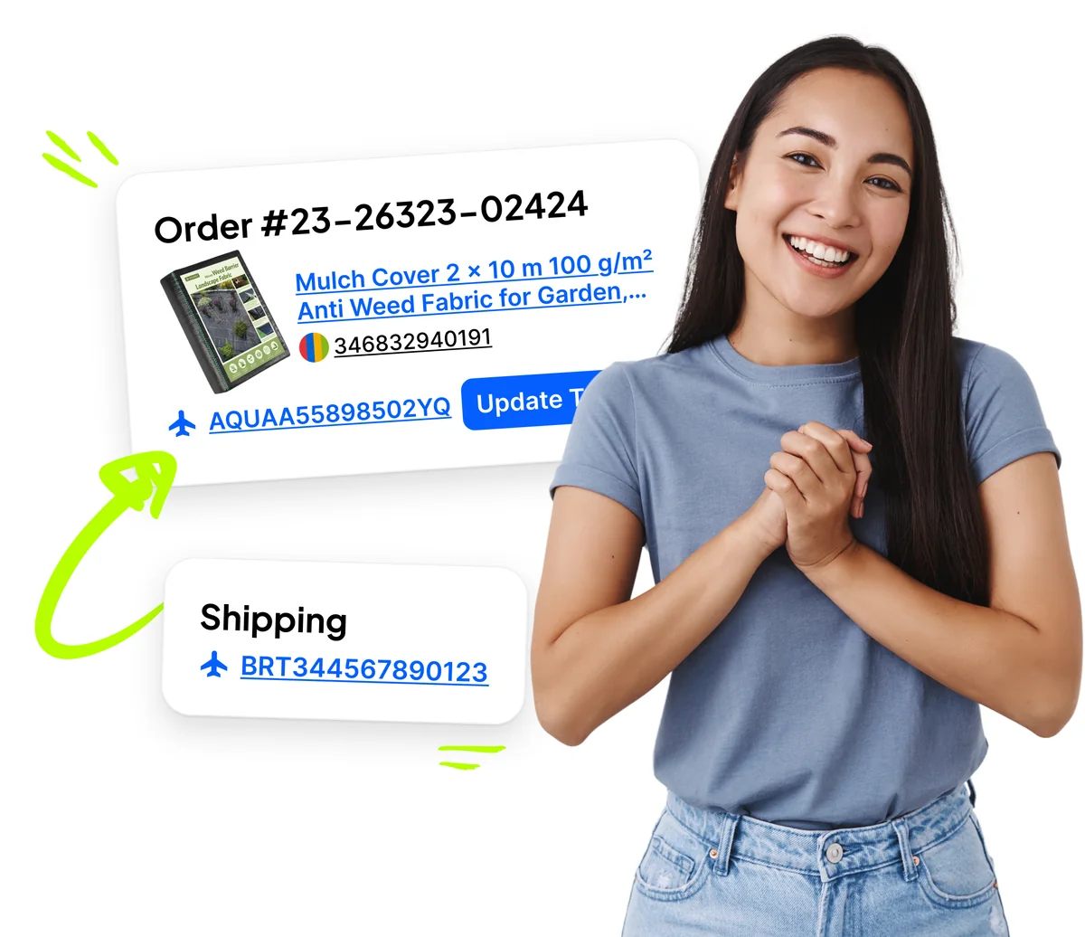 Smiling girl with Droopify order card, Aquiline Tracking code, Update Tracking button, and Shipping section with converted BRT code