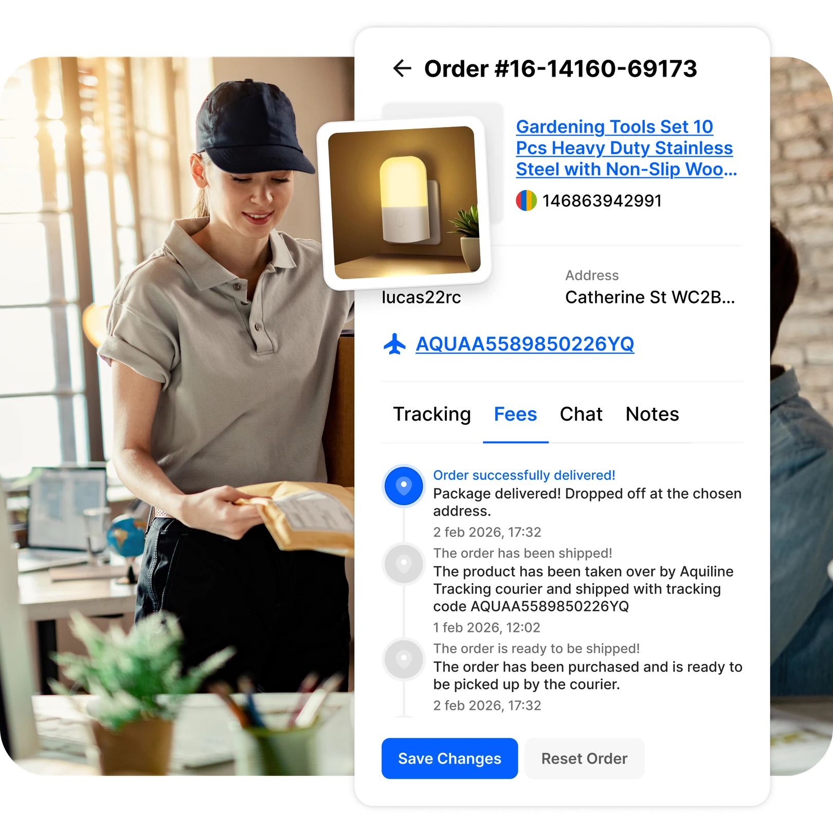 Female courier delivering a package with Droopify order card in foreground, Aquiline Tracking code, complete shipment history, and Tracking, Fees, Chat, and Notes tabs