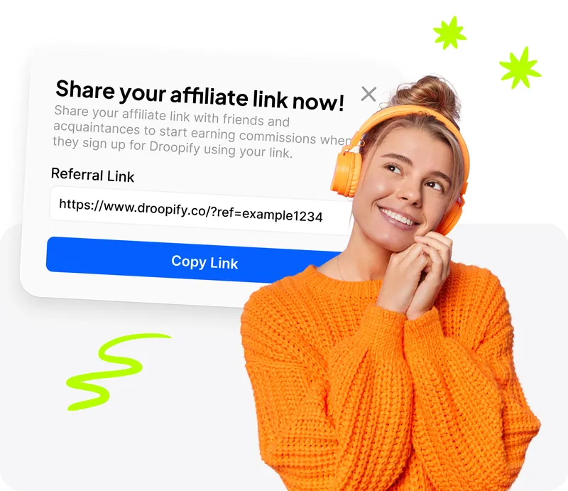 Ragazza con cuffie e popup di condivisione link referral Droopify