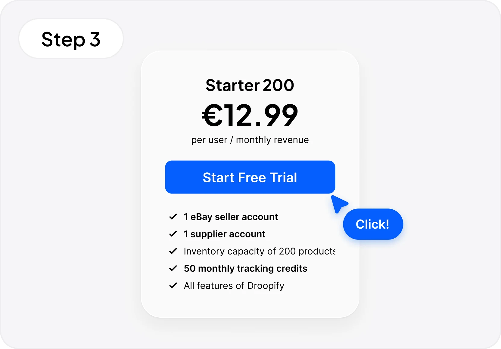 Card di un piano Droopify con pulsante per iniziare la prova gratuita