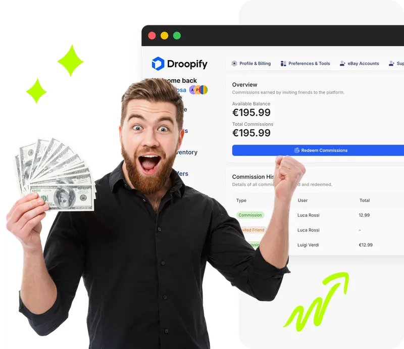Dashboard Droopify con lo storico commissioni e il riepilogo dei referral
