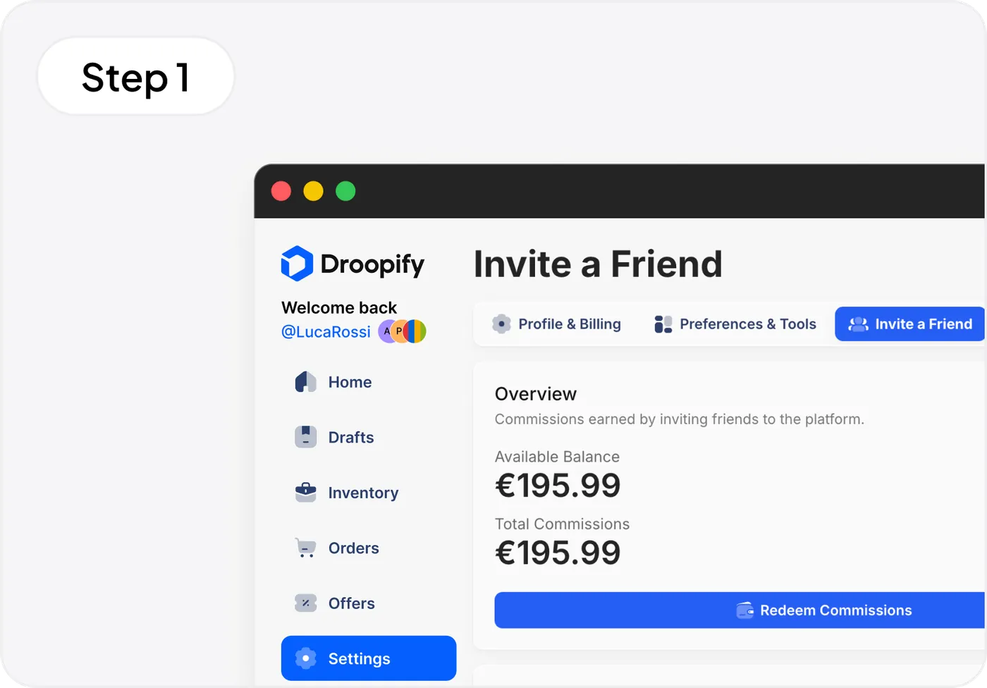 Dashboard Droopify con la sezione Invita un Amico e il riepilogo commissioni