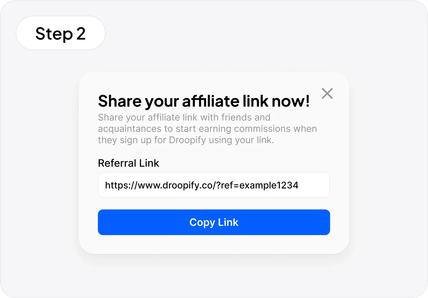 Popup di Droopify per condividere il link referral personale
