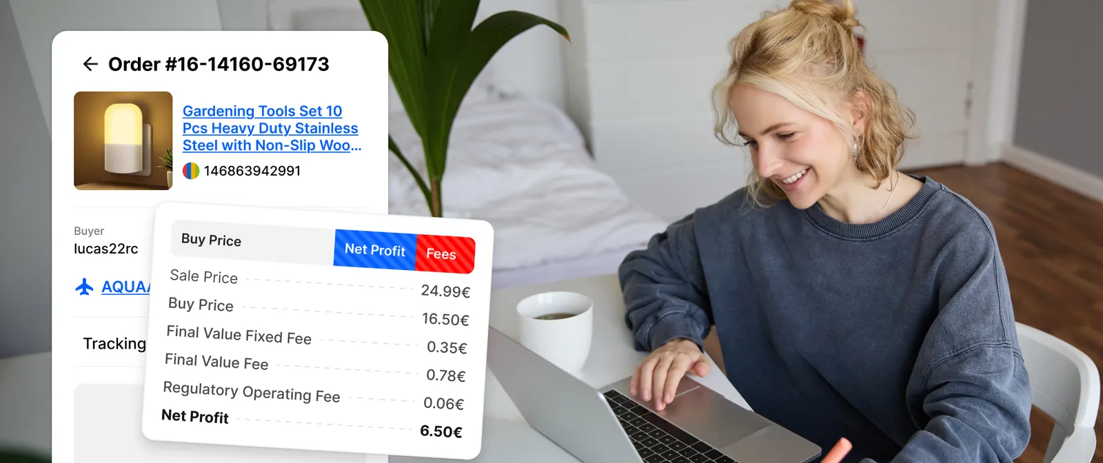 Venditore eBay contento siccome tramite Droopify è in grado di risparmiare tempo grazie al calcolo automatico dei profitti e commissioni eBay pagate per ogni ordine ricevuto