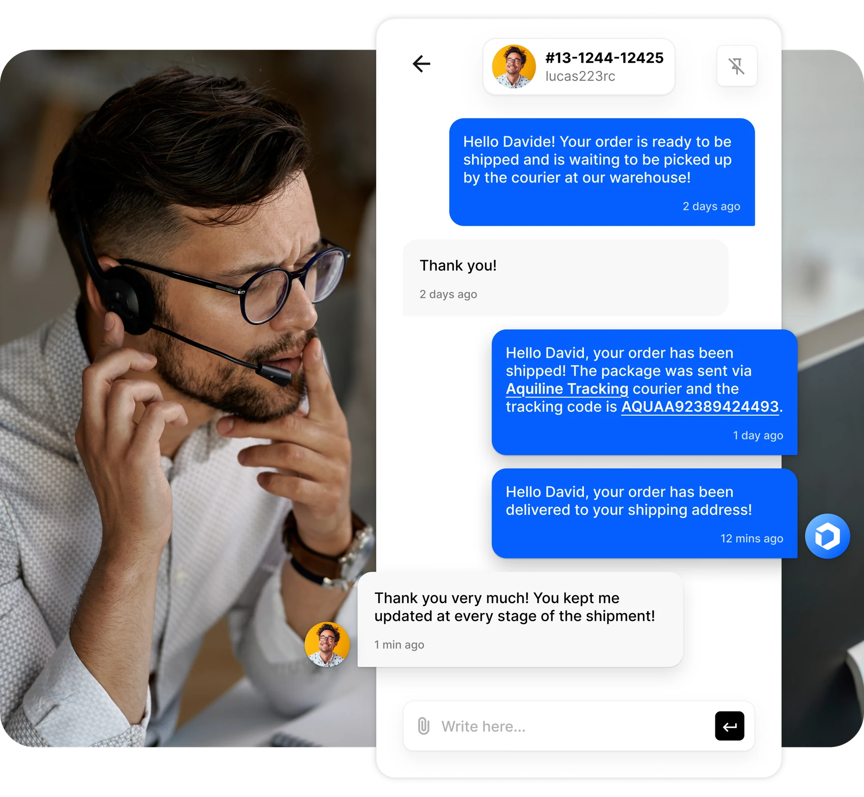 Chat automatica con il cliente eBay per aggiornamenti sulla spedizione dell'ordine acquistato con messaggi che includono il codice di tracciamento e il link per monitorare la spedizione.