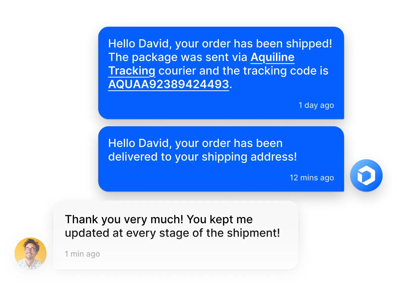 Chat automatica con il cliente eBay con messaggi di aggiornamento sullo stato della spedizione, codice di tracciamento e conferma di avvenuta consegna dell'ordine