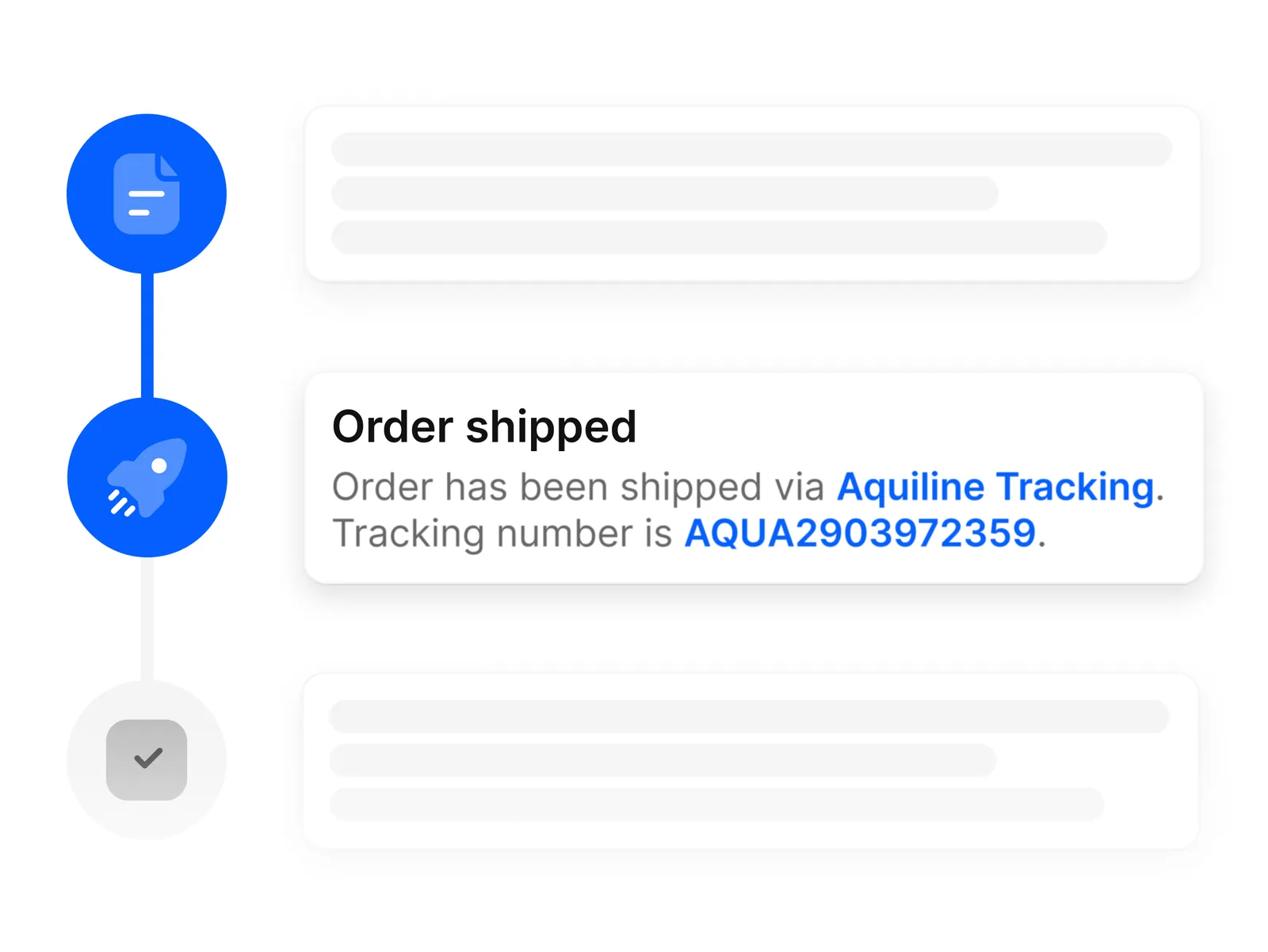 Timeline di monitoraggio della spedizione di un ordine eBay con notifica di ordine spedito, codice di tracciamento e stato di consegna aggiornato in automatico
