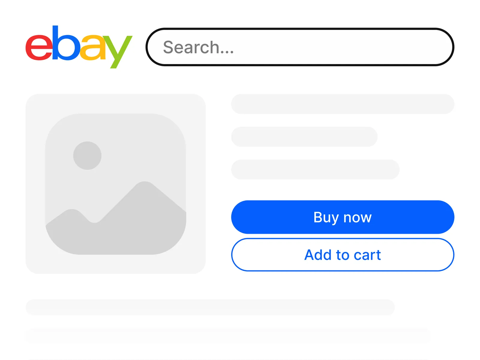 Pagina prodotto eBay con immagine, titolo, barra di ricerca e pulsanti per acquistare o aggiungere al carrello