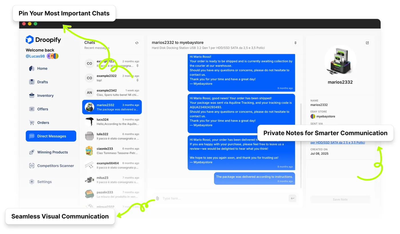 Chat diretta Droopify con conversazioni fissate in alto, messaggi automatici di imballaggio spedizione e consegna con codice di tracciamento, pannello profilo cliente e note private per ogni conversazione