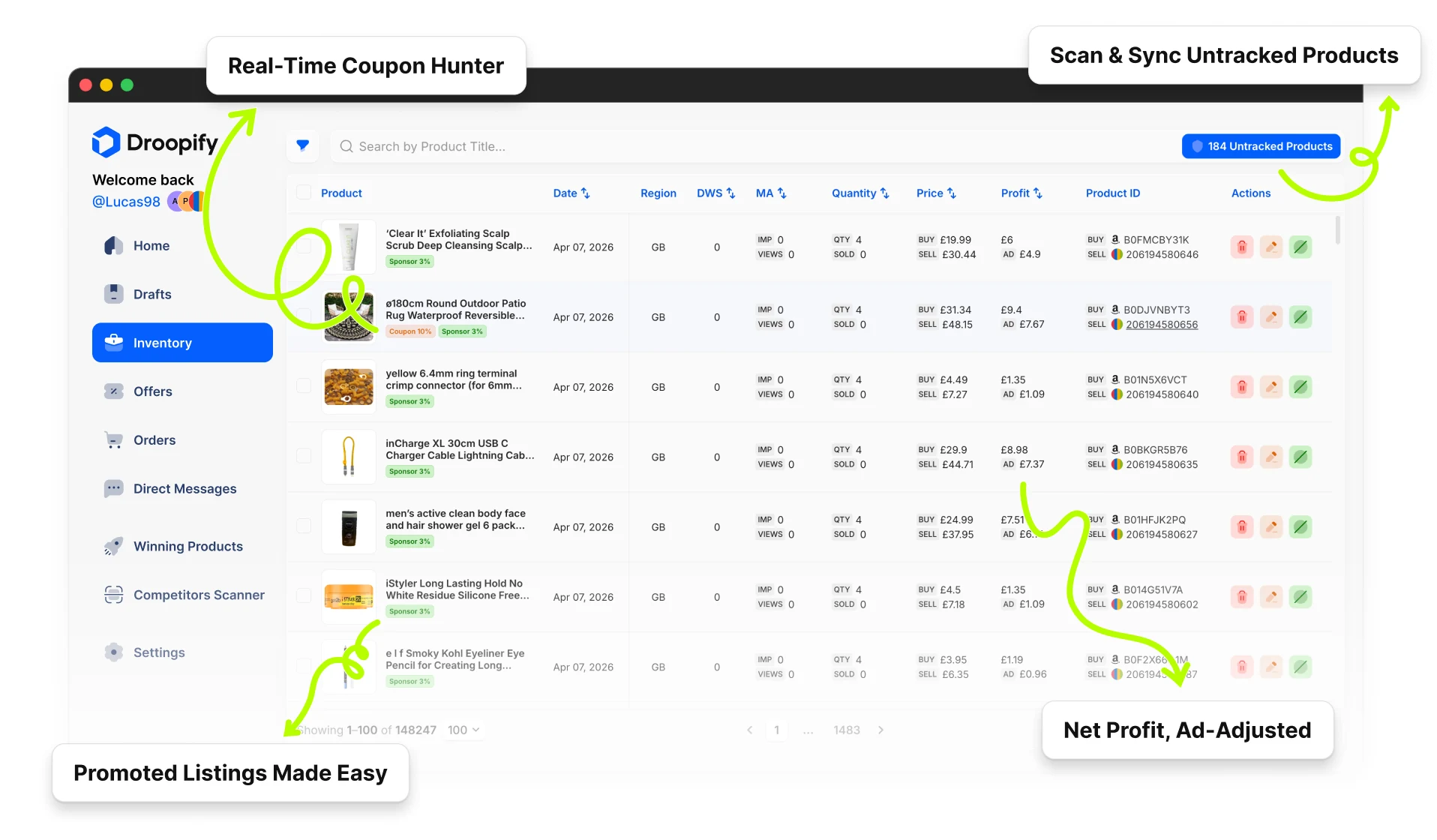 Droopify inventory with active coupon and sponsorship badges, impressions and views per product, net profit including ad fees, and button to sync untracked products