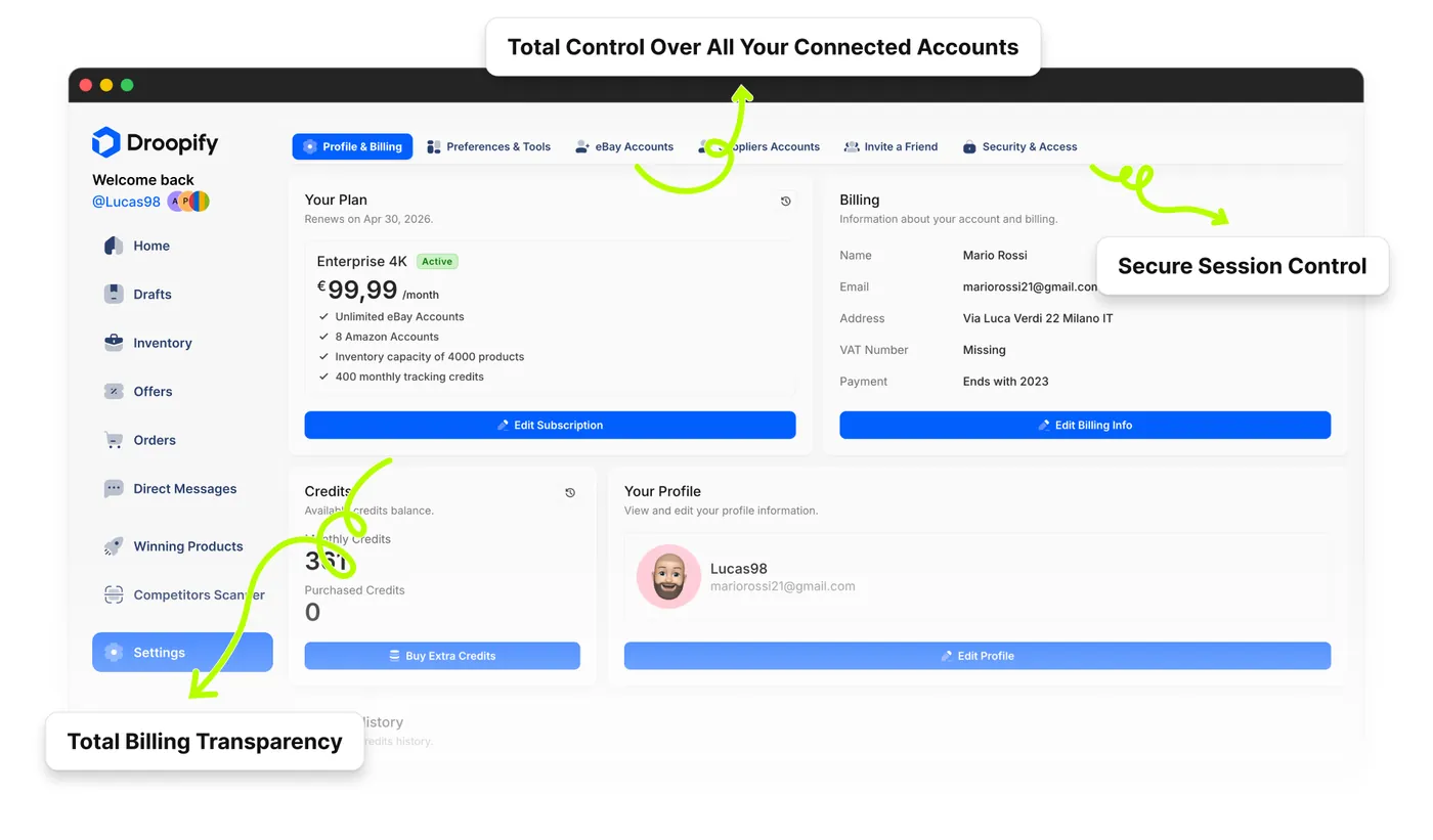 Impostazioni Droopify con schede profilo e fatturazione, dettaglio piano attivo, informazioni di billing, crediti di tracciamento disponibili, account eBay e fornitori collegati e gestione sessioni di sicurezza