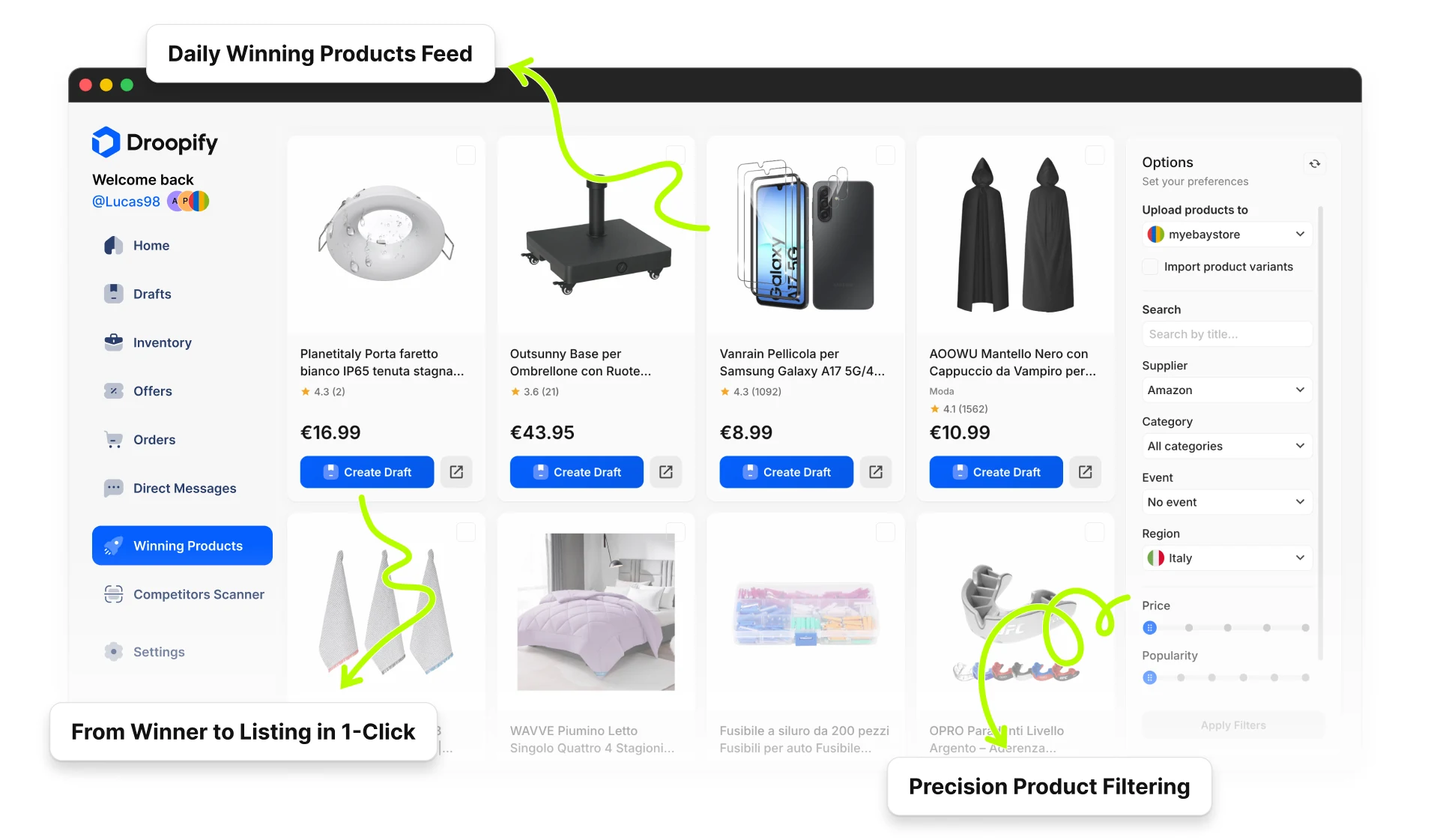 Droopify winning products feed with product grid, ratings and reviews, one-click create draft button, and filter panel for supplier, category, event, region, price, and popularity