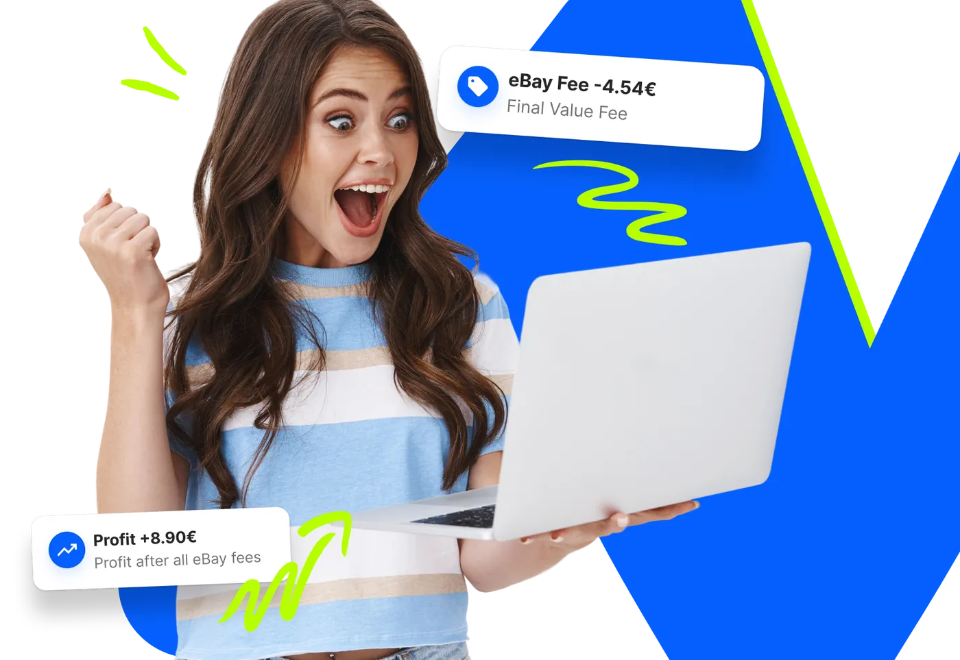 Ragazza sorpresa al laptop con badge di commissioni eBay e calcolo del profitto netto