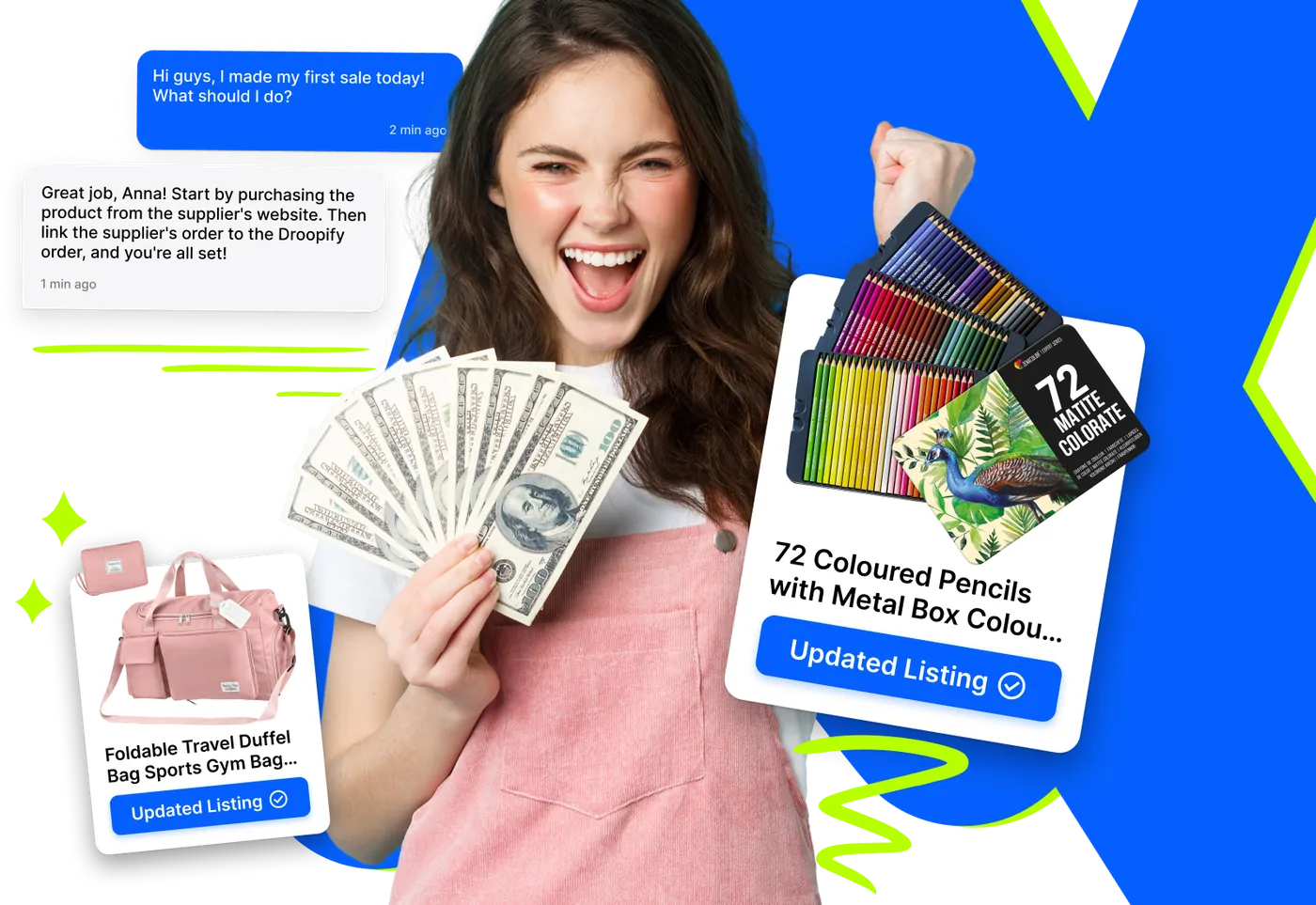 Ragazza che festeggia la prima vendita con banconote in mano, messaggi di supporto e inserzioni aggiornate