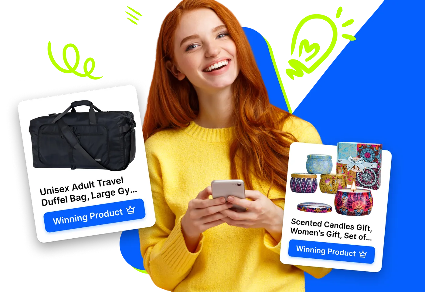 Ragazza con smartphone e card prodotto con etichetta prodotto vincente su sfondo blu