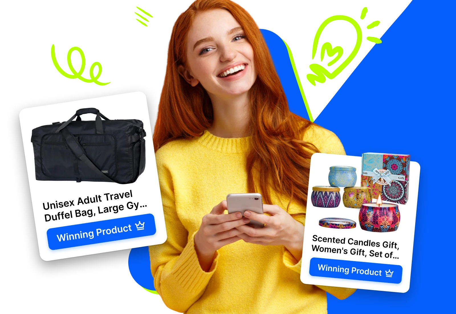 Ragazza con smartphone e card prodotto con etichetta prodotto vincente su sfondo blu