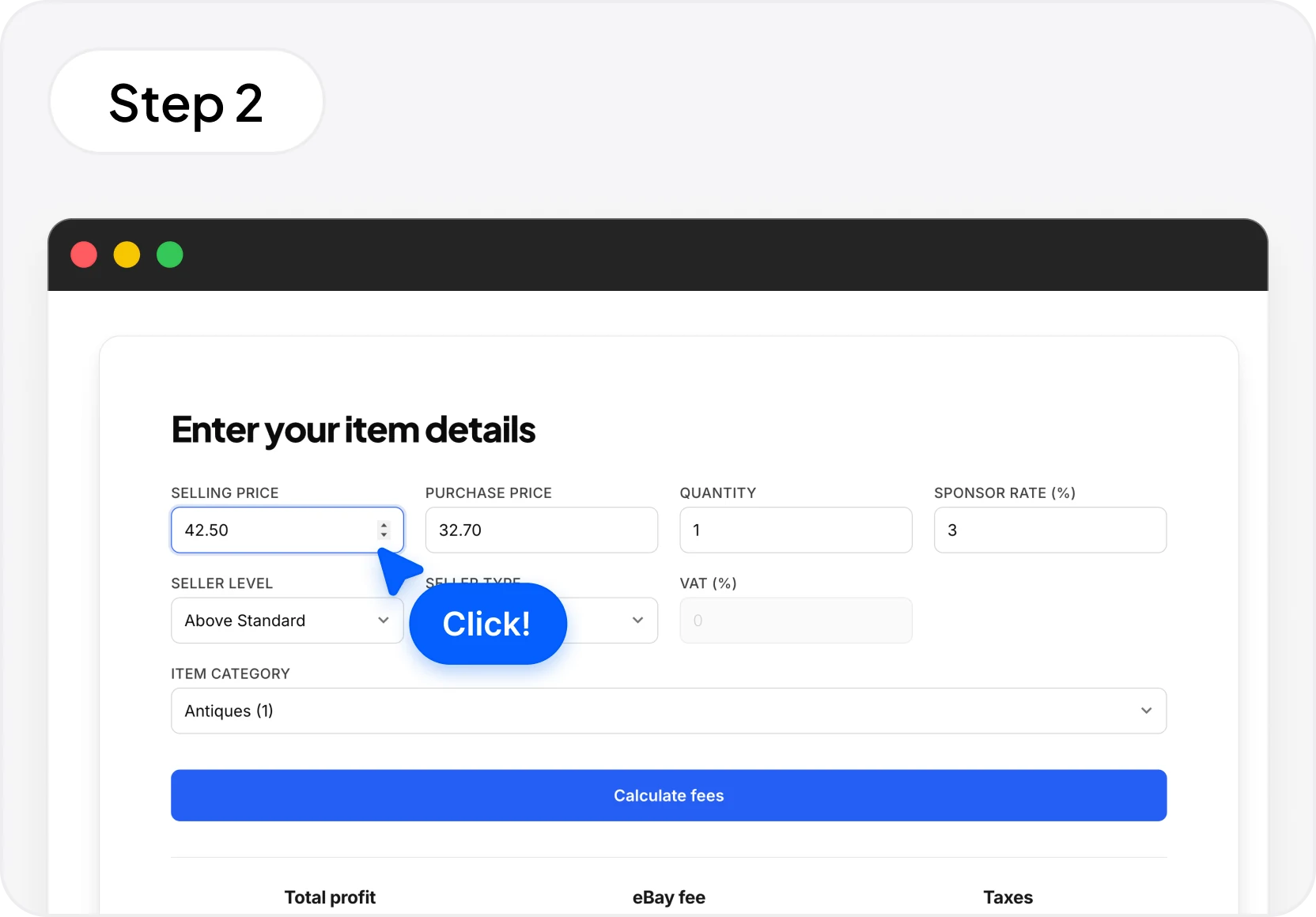 Entering sale details in the eBay fee calculator