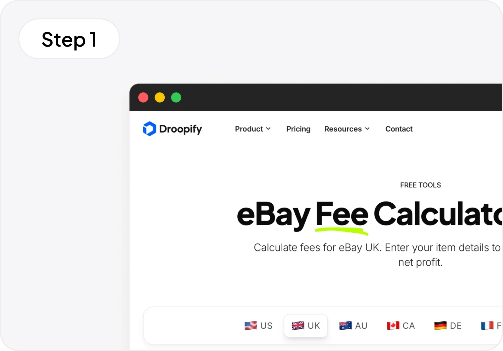 Selecting the eBay marketplace in the Droopify fee calculator
