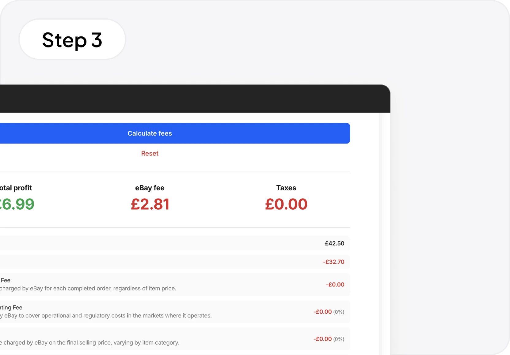 eBay fee calculation result with net profit highlighted