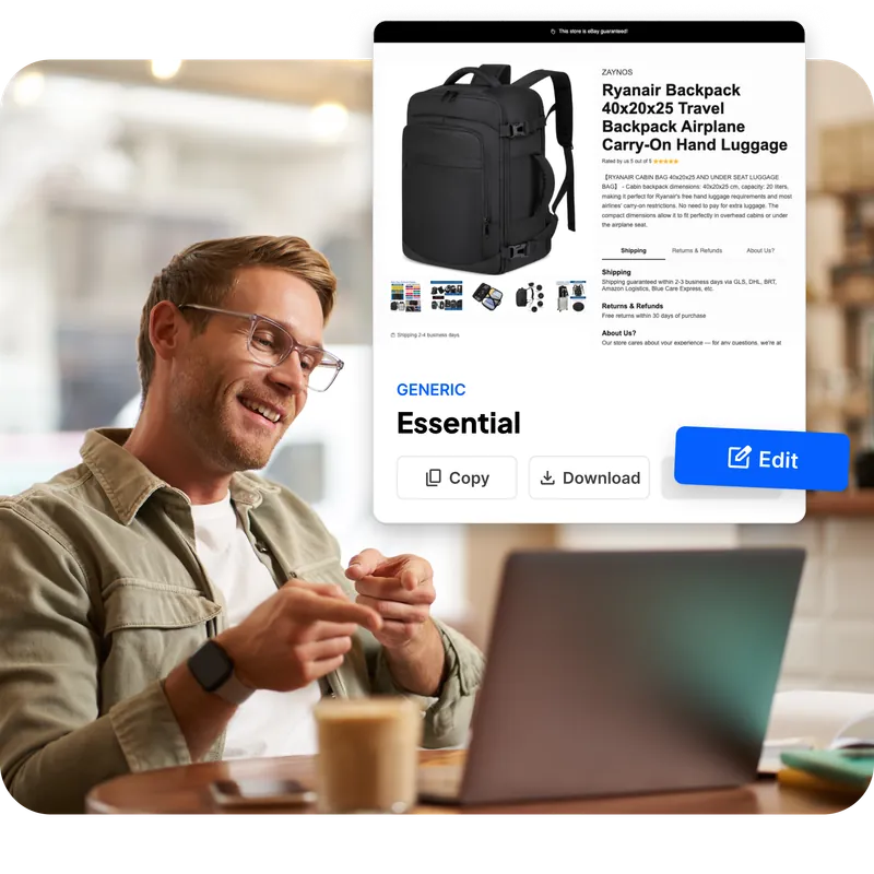Venditore eBay soddisfatto con un template professionale per inserzioni e opzioni di copia, download e modifica