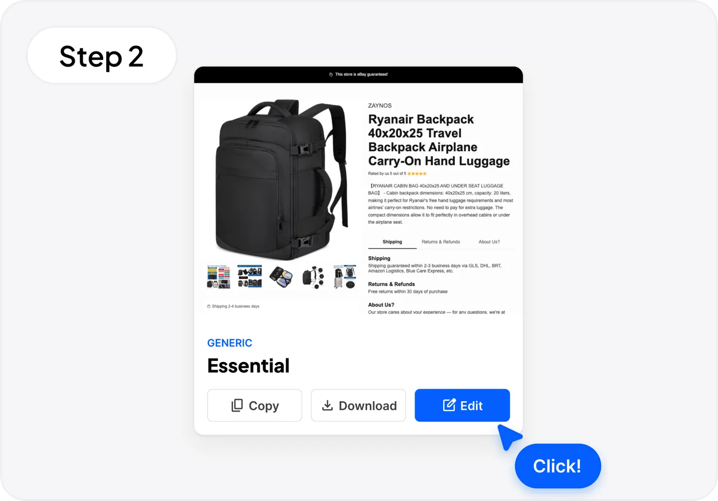 Anteprima template eBay con pulsante Modifica per aprire l’editor drag and drop