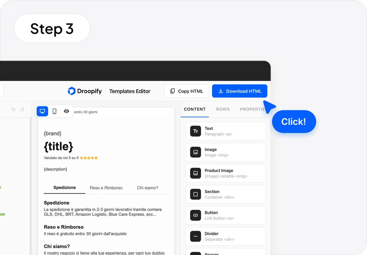 Editor drag and drop Droopify per personalizzare template eBay con pannello contenuti e anteprima