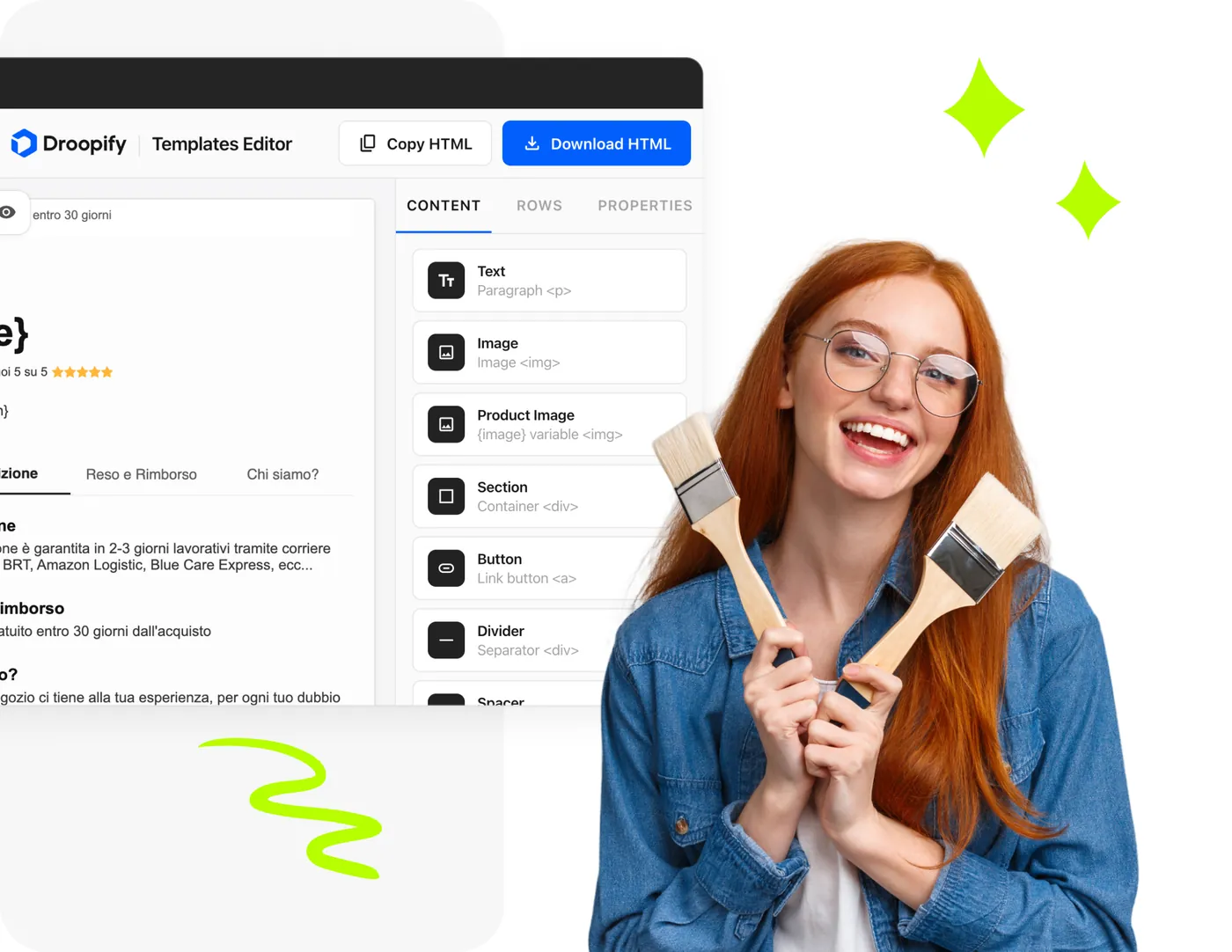 Venditrice soddisfatta che personalizza un template eBay con l’editor drag and drop Droopify