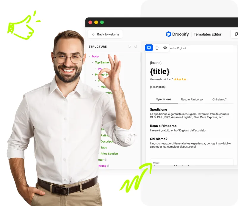 Editor template eBay Droopify con struttura ad albero, anteprima in tempo reale e pannello proprietà
