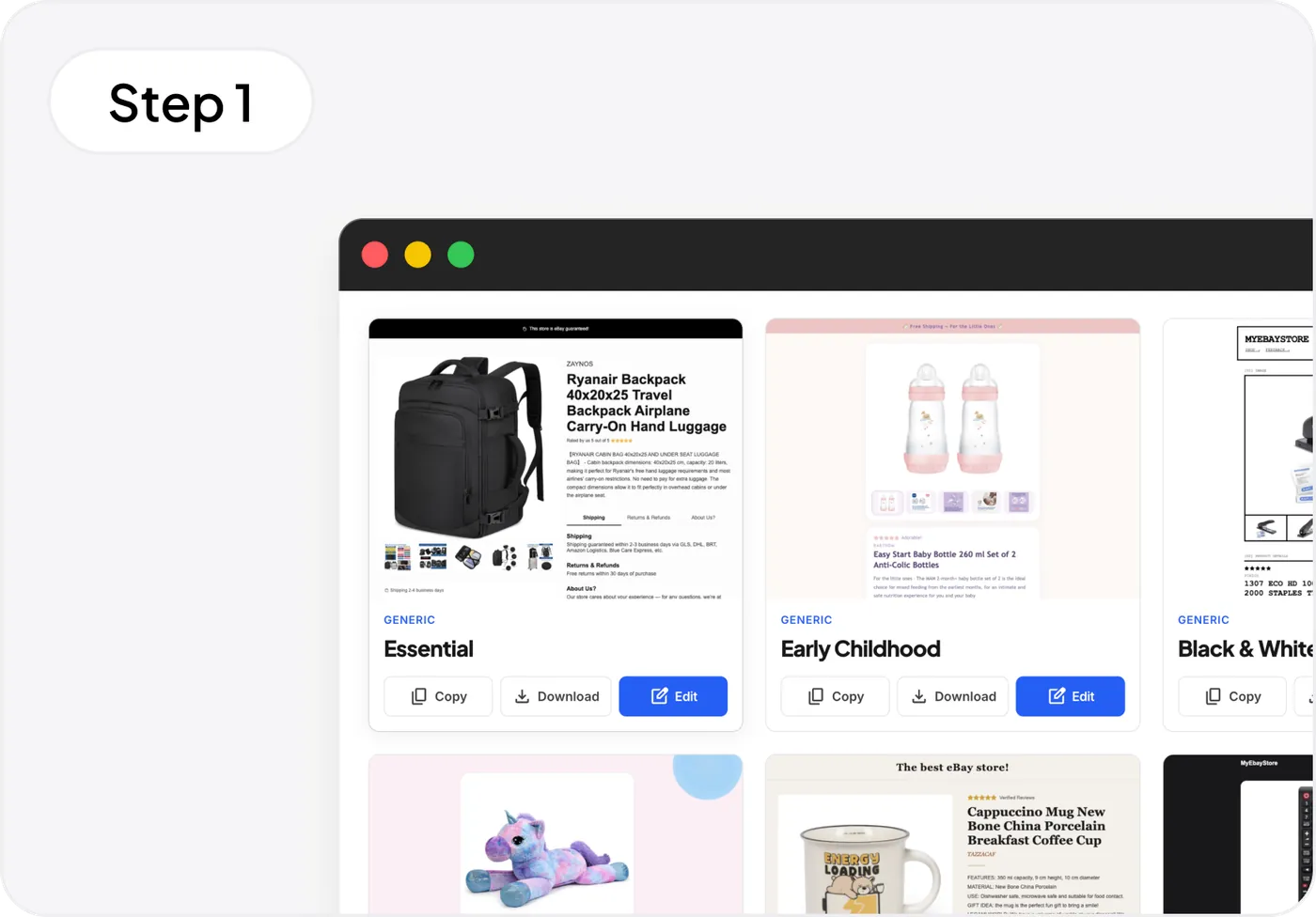 Galleria template eBay gratuiti Droopify con anteprime di diversi stili e categorie